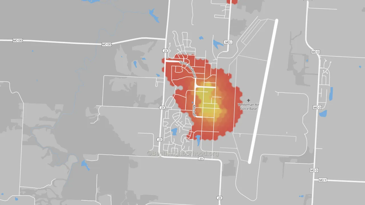 Walk Grade map of 65305, MO, walkable areas in green and car-dependent areas in red
