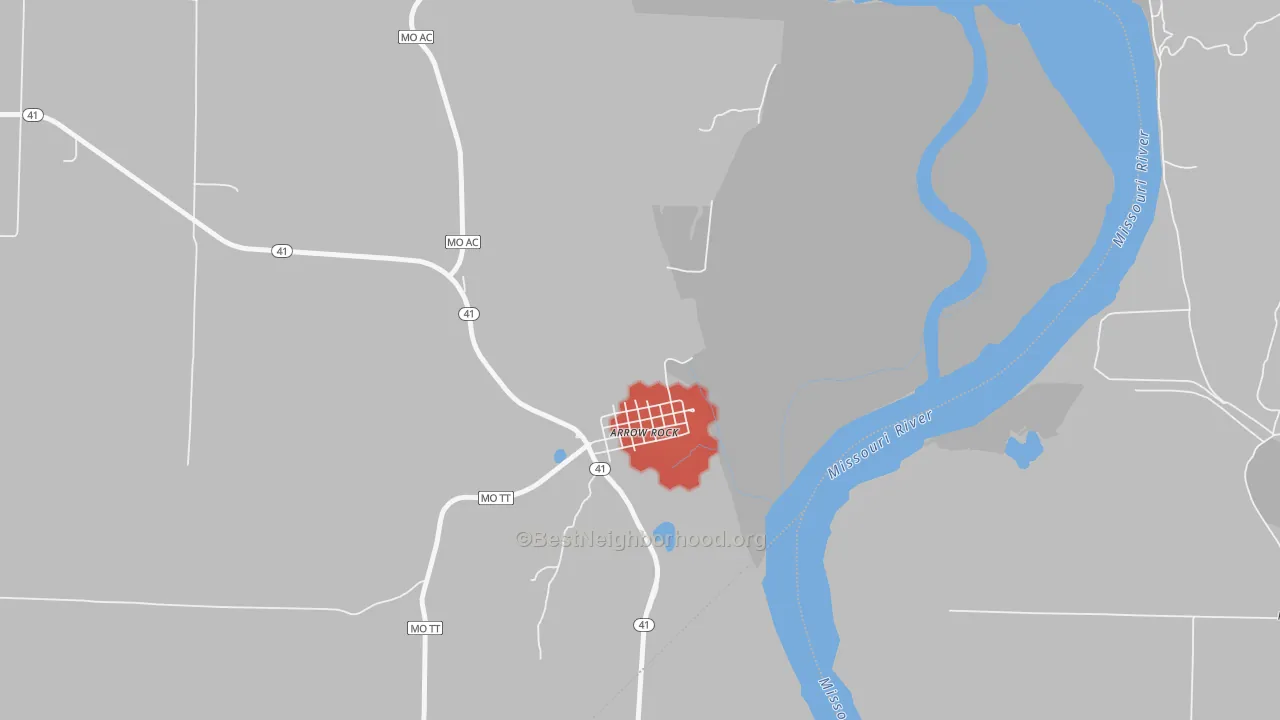 Walk Grade map of 65320, MO, walkable areas in green and car-dependent areas in red
