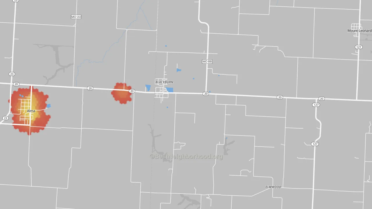 Walk Grade map of 65321, MO, walkable areas in green and car-dependent areas in red