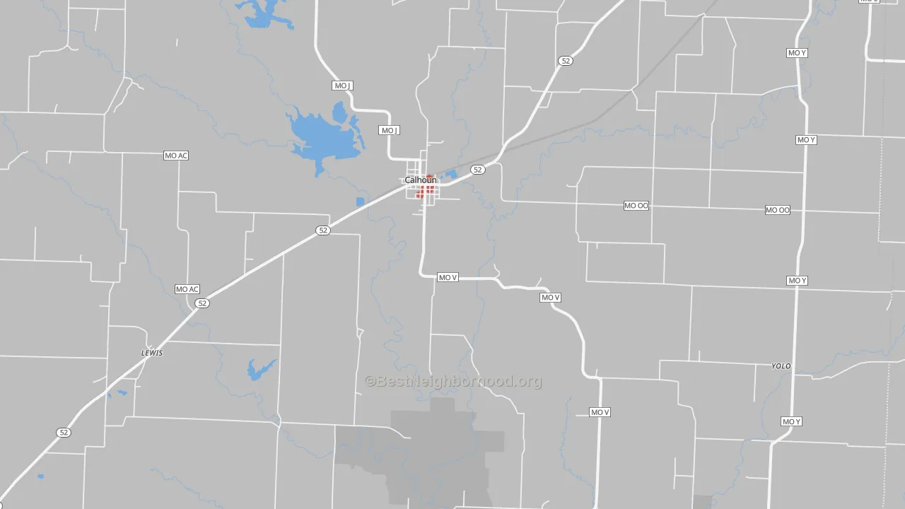Walk Grade map of 65323, MO, walkable areas in green and car-dependent areas in red