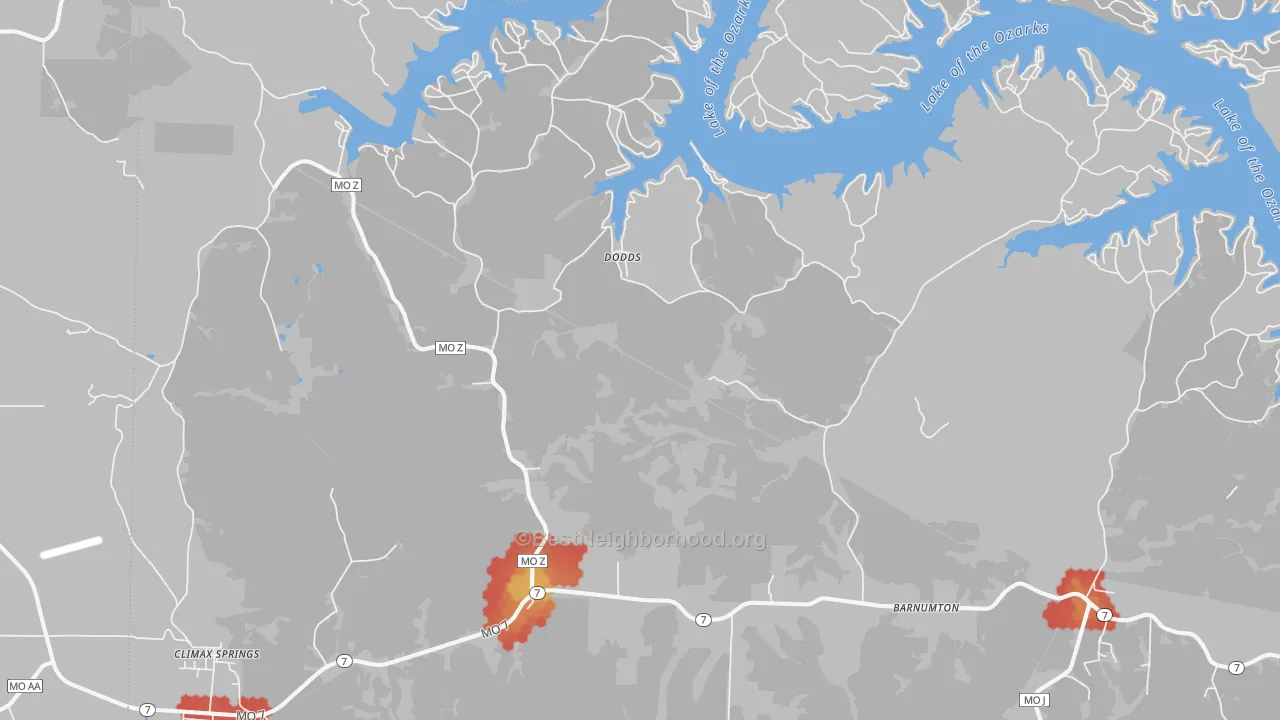 Walk Grade map of 65324, MO, walkable areas in green and car-dependent areas in red
