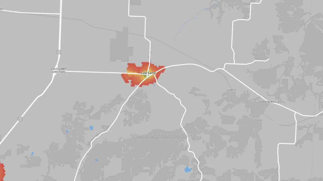 Walk Grade map of 65325, MO, walkable areas in green and car-dependent areas in red