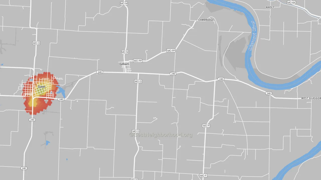 Walk Grade map of 65330, MO, walkable areas in green and car-dependent areas in red