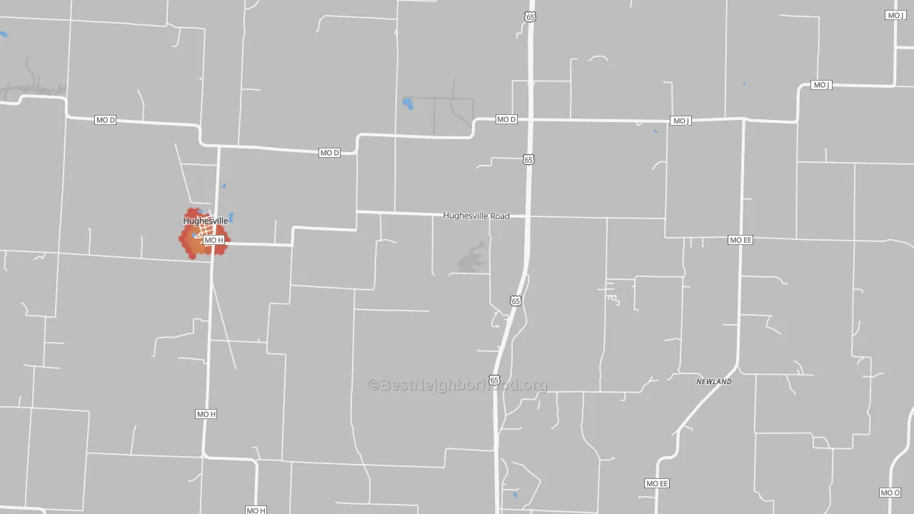 Walk Grade map of 65334, MO, walkable areas in green and car-dependent areas in red