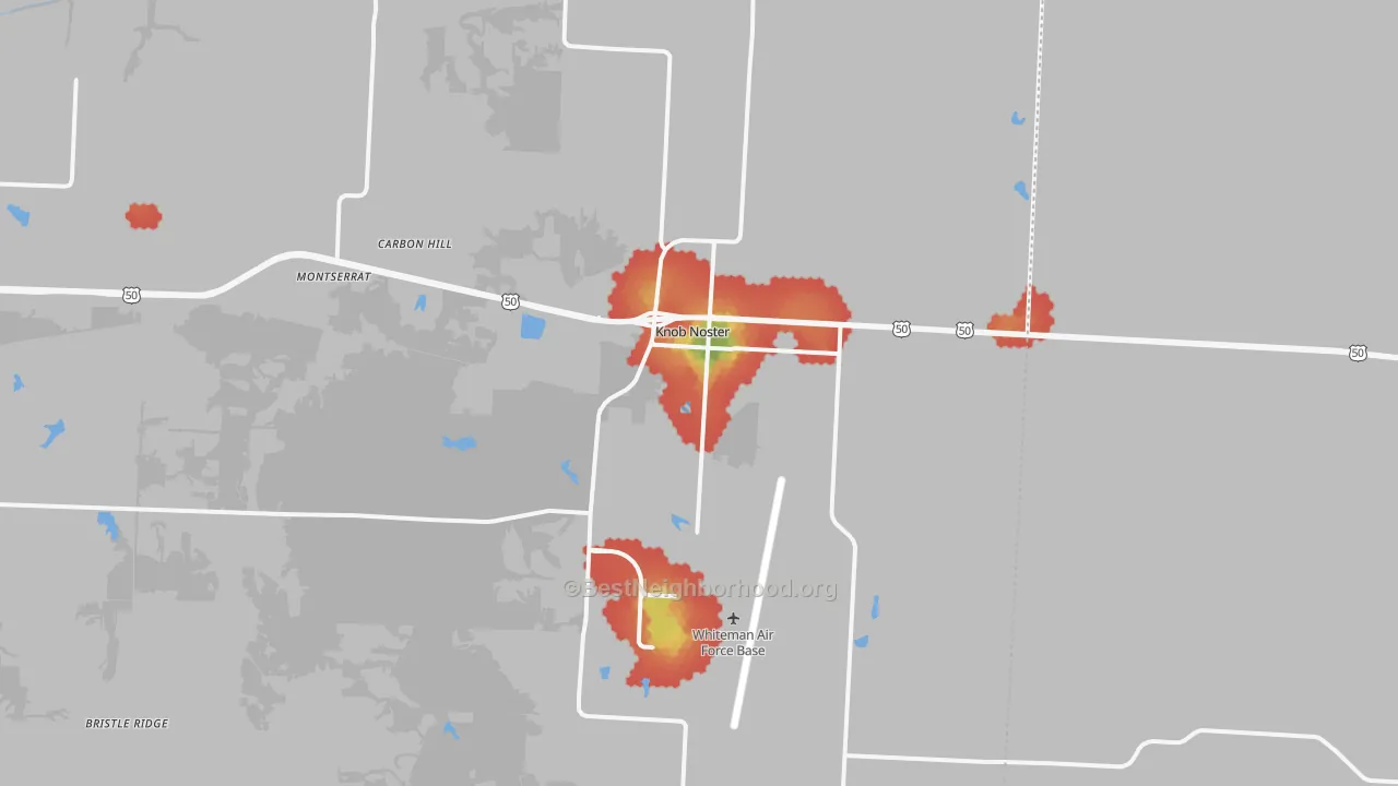 Walk Grade map of 65336, MO, walkable areas in green and car-dependent areas in red