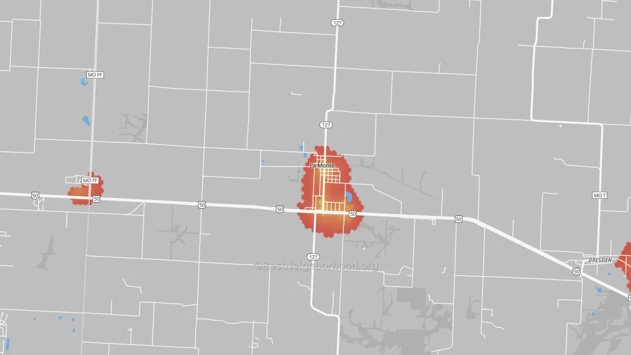 Walk Grade map of 65337, MO, walkable areas in green and car-dependent areas in red