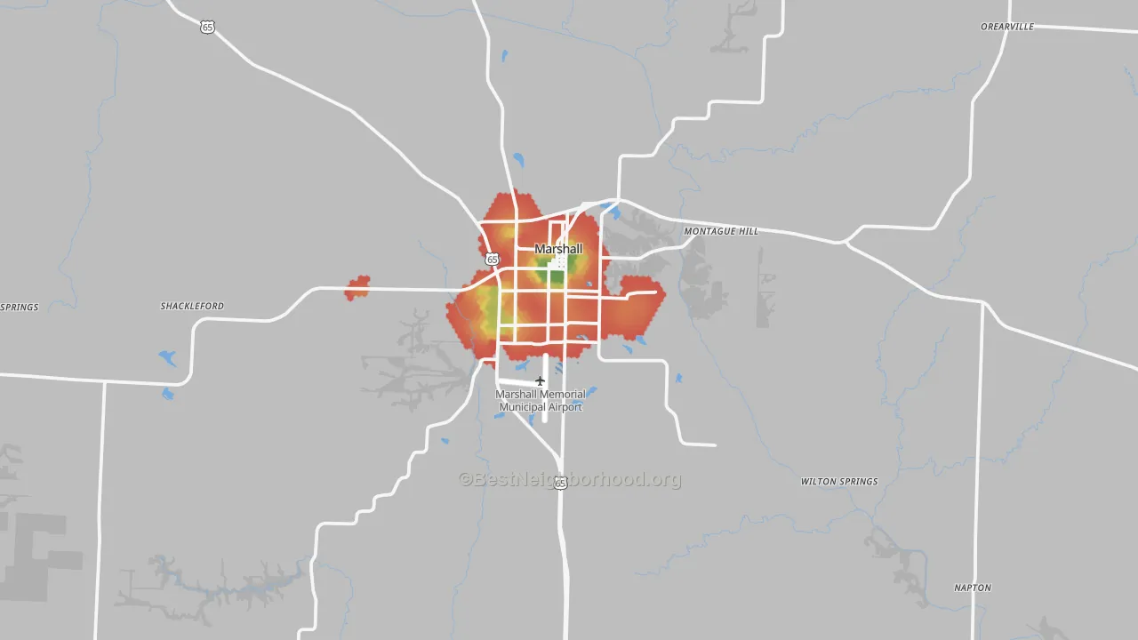 Walk Grade map of 65340, MO, walkable areas in green and car-dependent areas in red