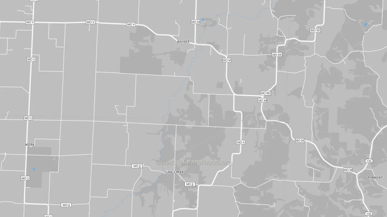 Walk Grade map of 65345, MO, walkable areas in green and car-dependent areas in red