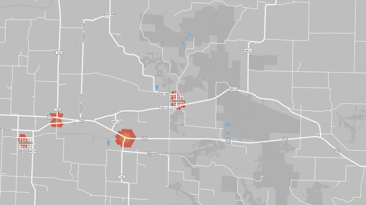 Walk Grade map of 65348, MO, walkable areas in green and car-dependent areas in red