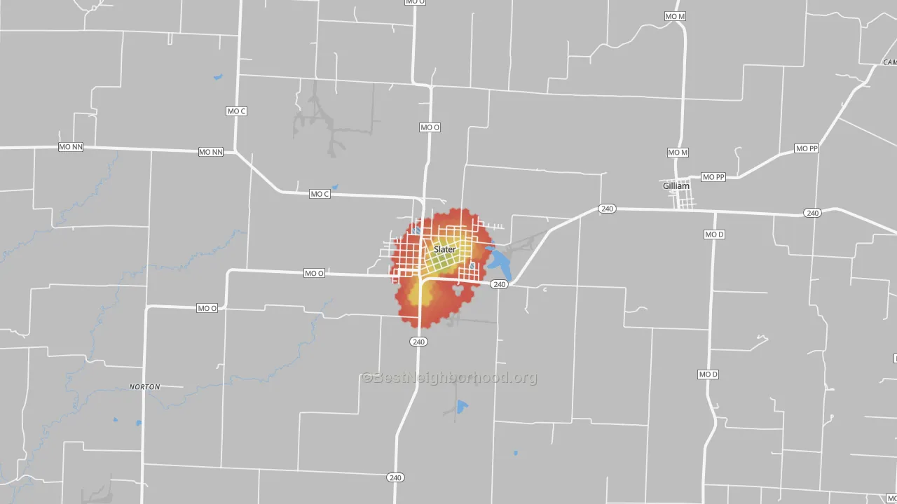 Walk Grade map of 65349, MO, walkable areas in green and car-dependent areas in red