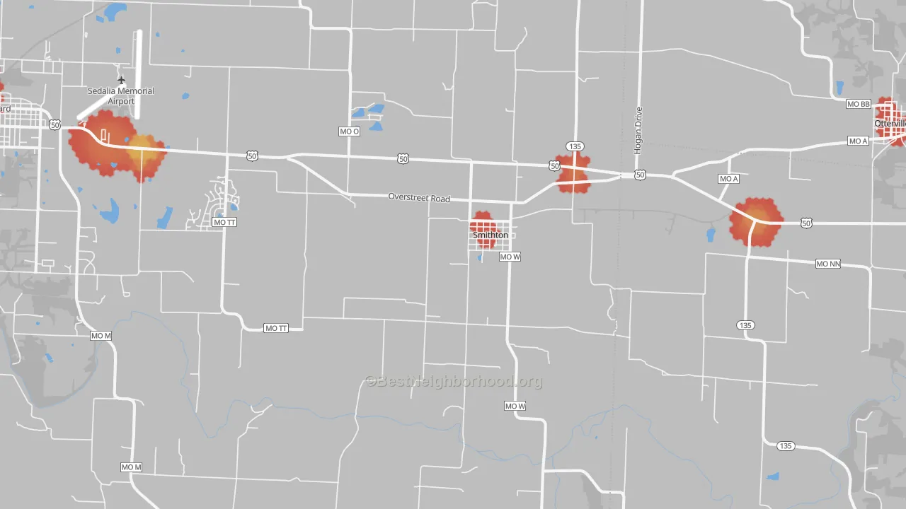 Walk Grade map of 65350, MO, walkable areas in green and car-dependent areas in red