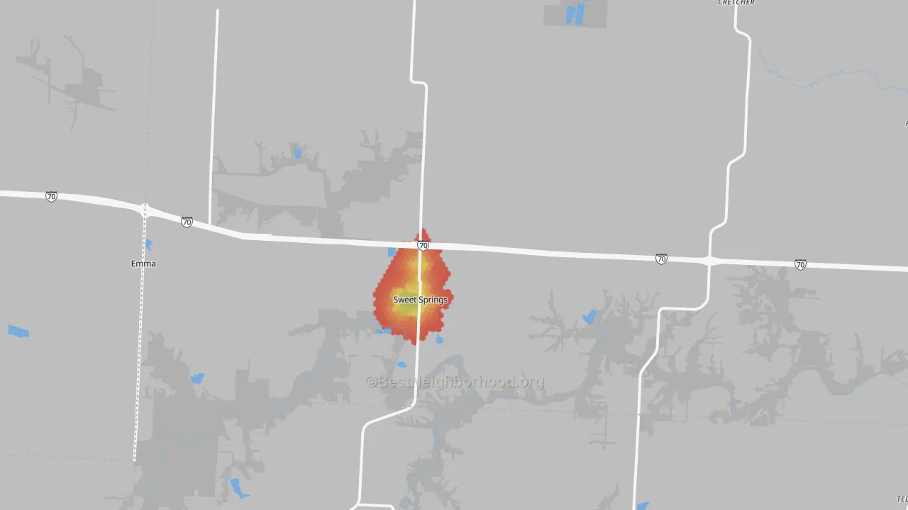 Walk Grade map of 65351, MO, walkable areas in green and car-dependent areas in red