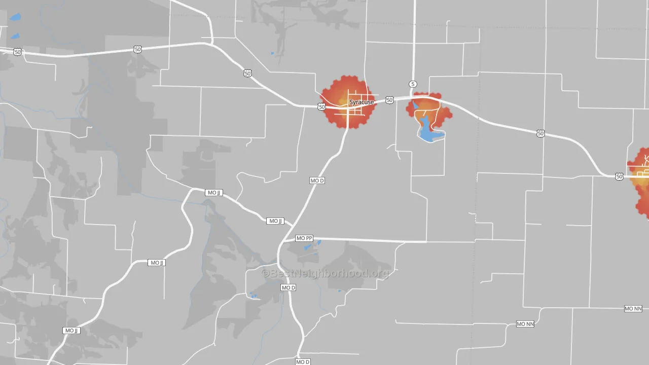 Walk Grade map of 65354, MO, walkable areas in green and car-dependent areas in red