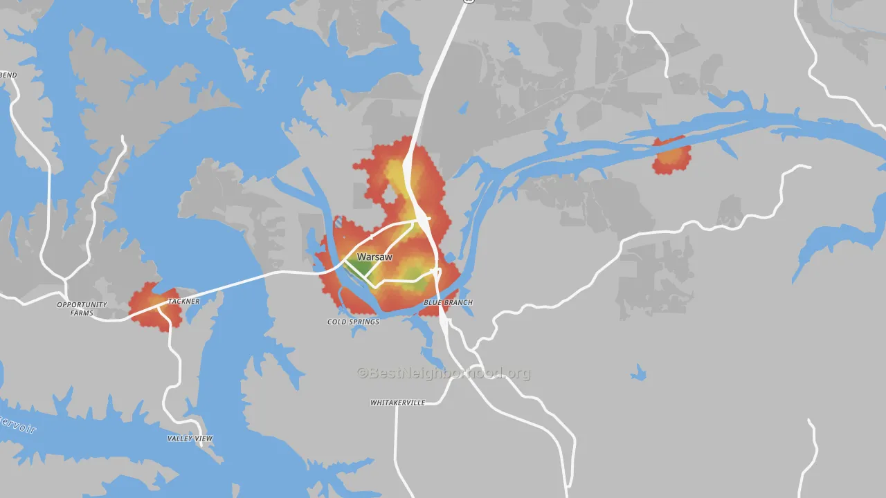 Walk Grade map of 65355, MO, walkable areas in green and car-dependent areas in red