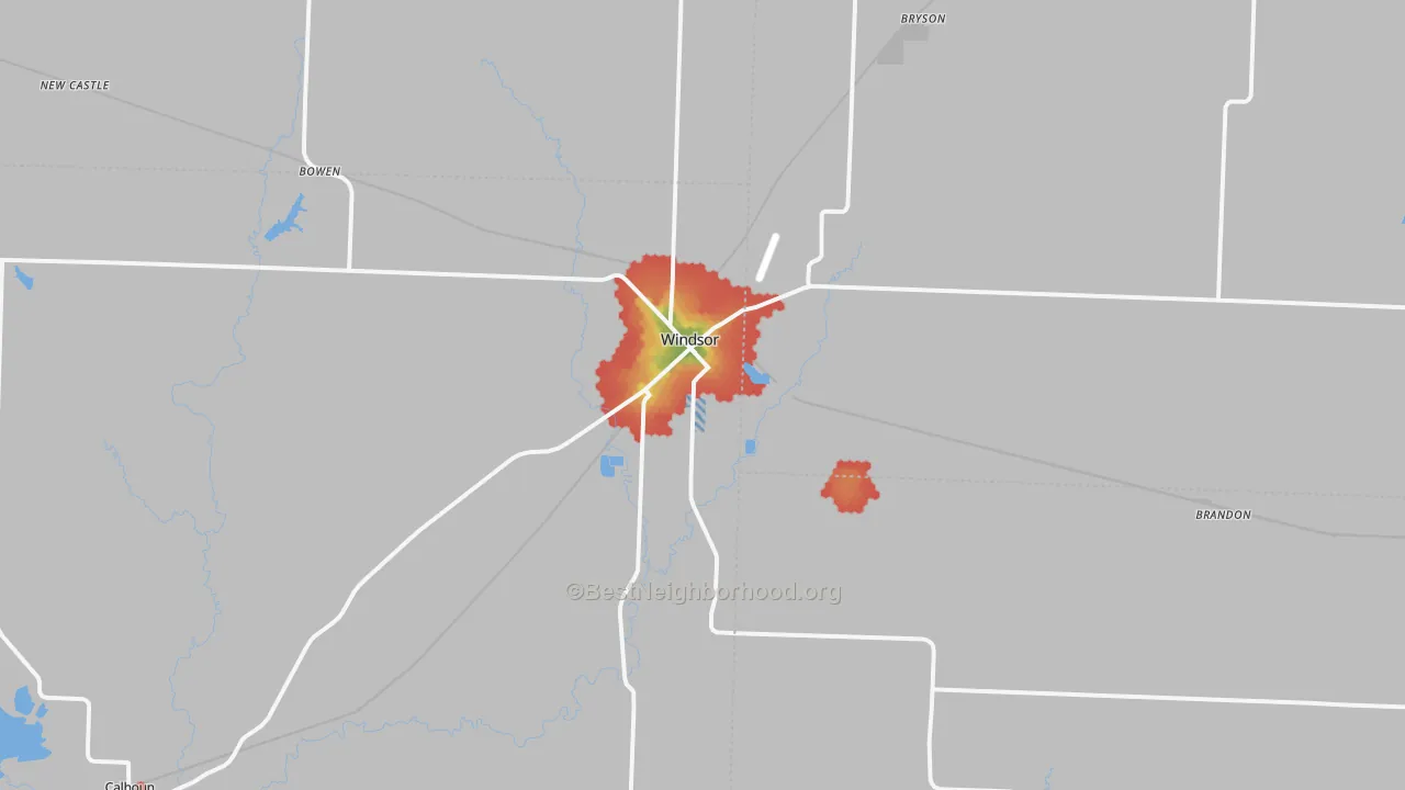 Walk Grade map of 65360, MO, walkable areas in green and car-dependent areas in red