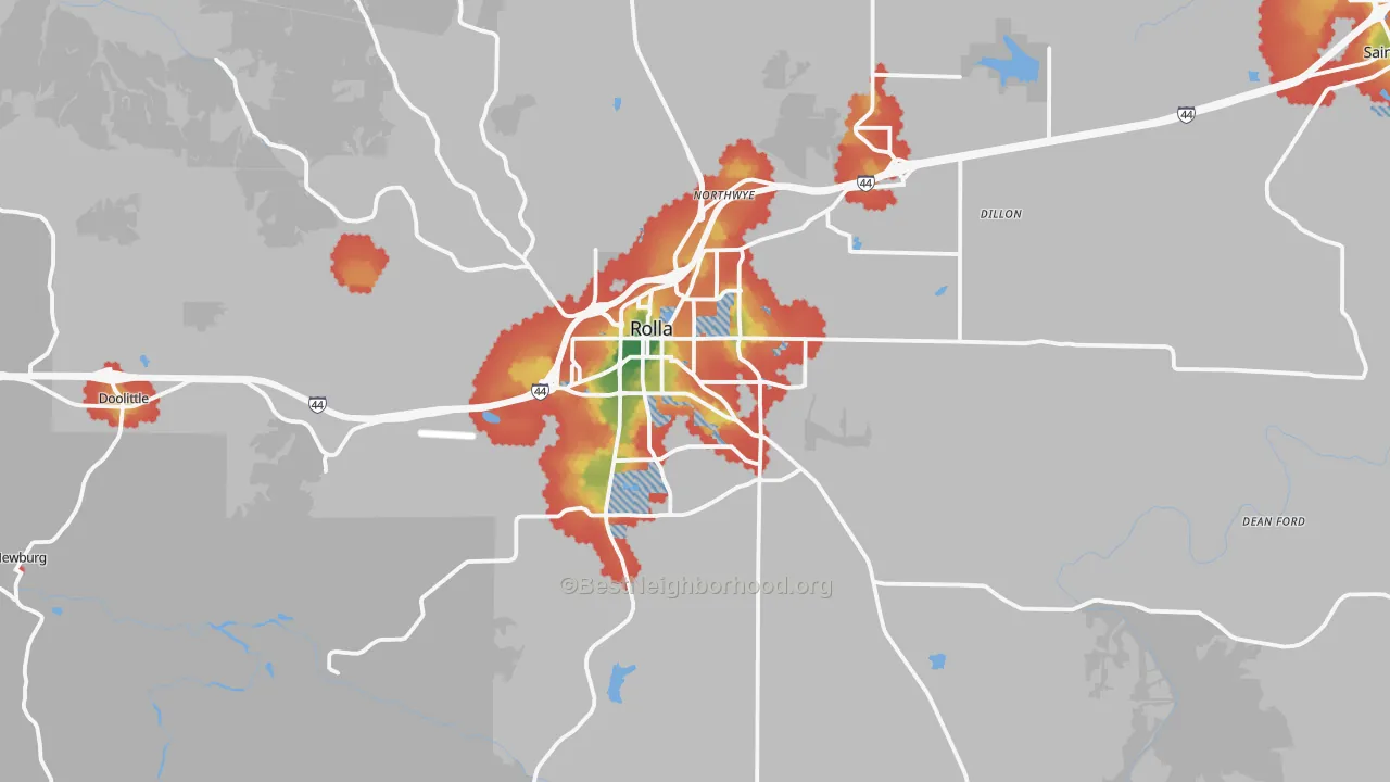 Walk Grade map of 65401, MO, walkable areas in green and car-dependent areas in red
