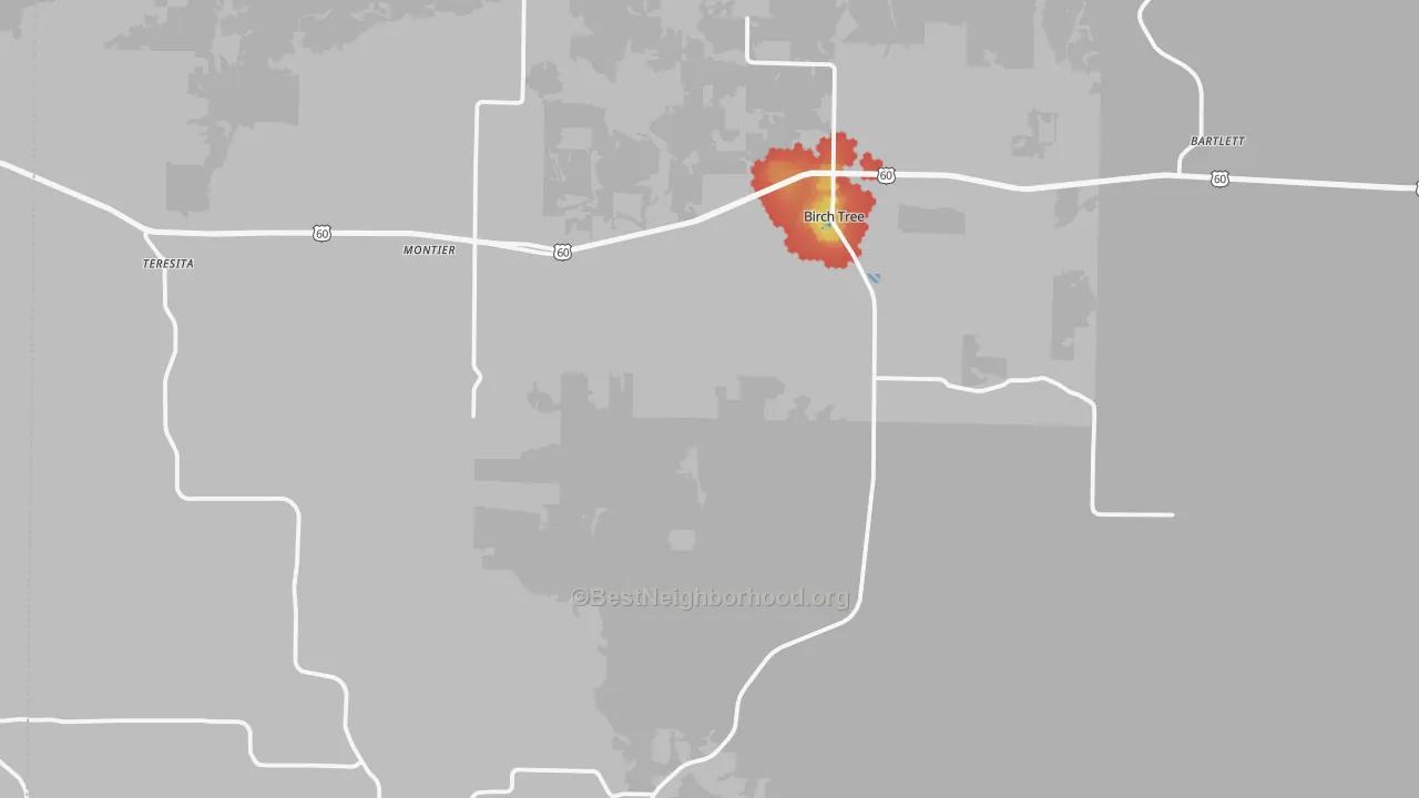 Walk Grade map of 65438, MO, walkable areas in green and car-dependent areas in red