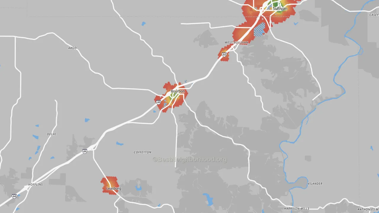 Walk Grade map of 65441, MO, walkable areas in green and car-dependent areas in red