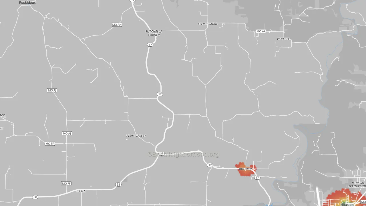 Walk Grade map of 65444, MO, walkable areas in green and car-dependent areas in red