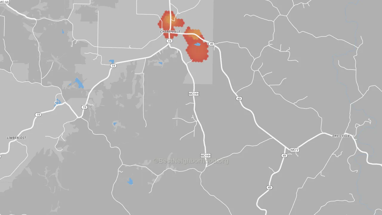 Walk Grade map of 65446, MO, walkable areas in green and car-dependent areas in red