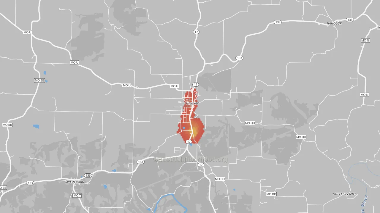 Walk Grade map of 65452, MO, walkable areas in green and car-dependent areas in red