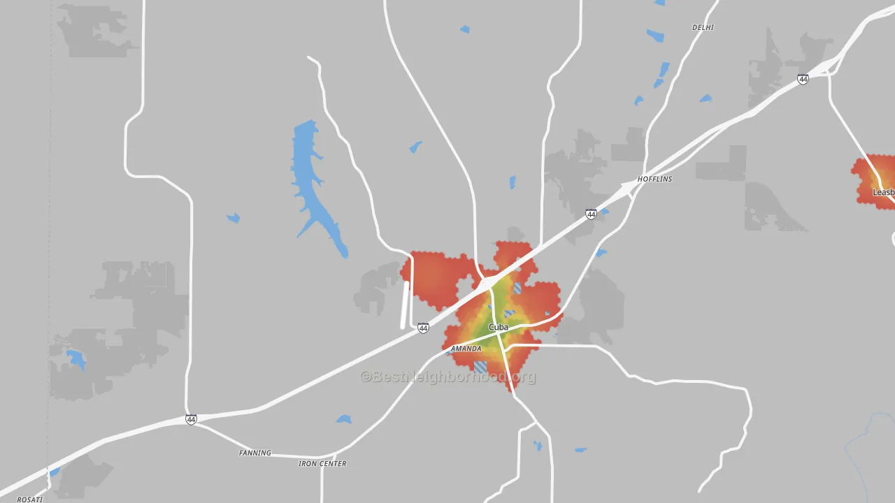 Walk Grade map of 65453, MO, walkable areas in green and car-dependent areas in red