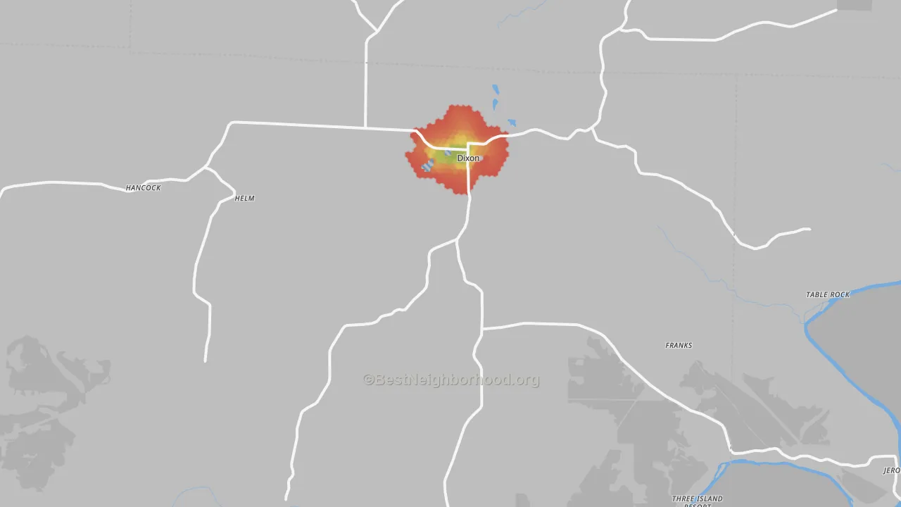 Walk Grade map of 65459, MO, walkable areas in green and car-dependent areas in red