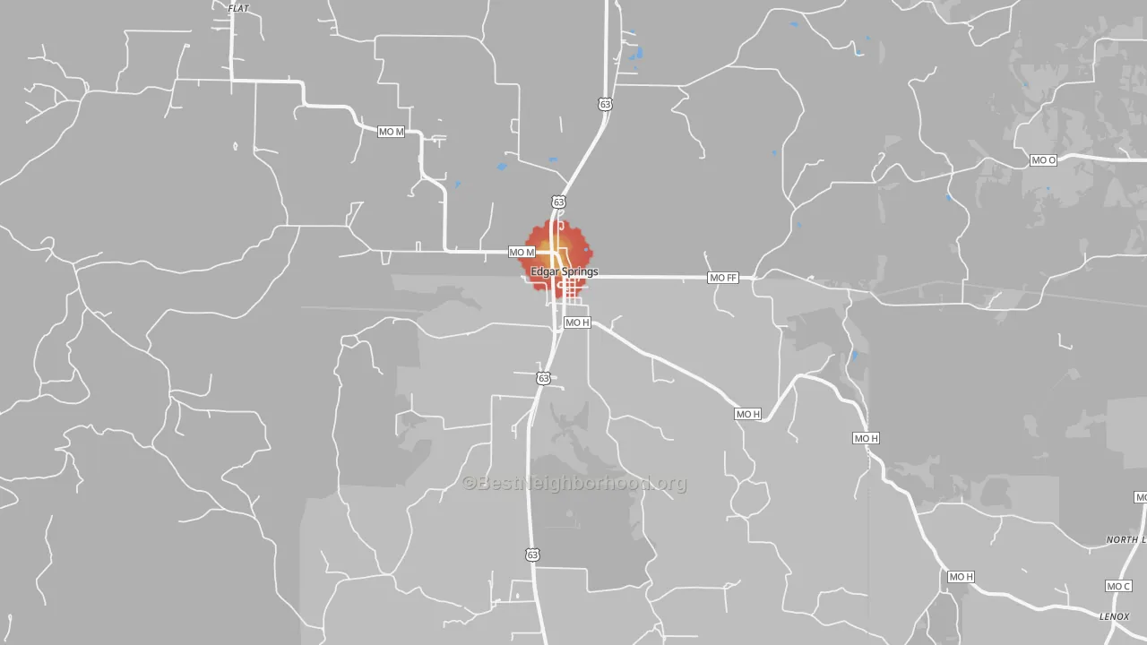 Walk Grade map of 65462, MO, walkable areas in green and car-dependent areas in red