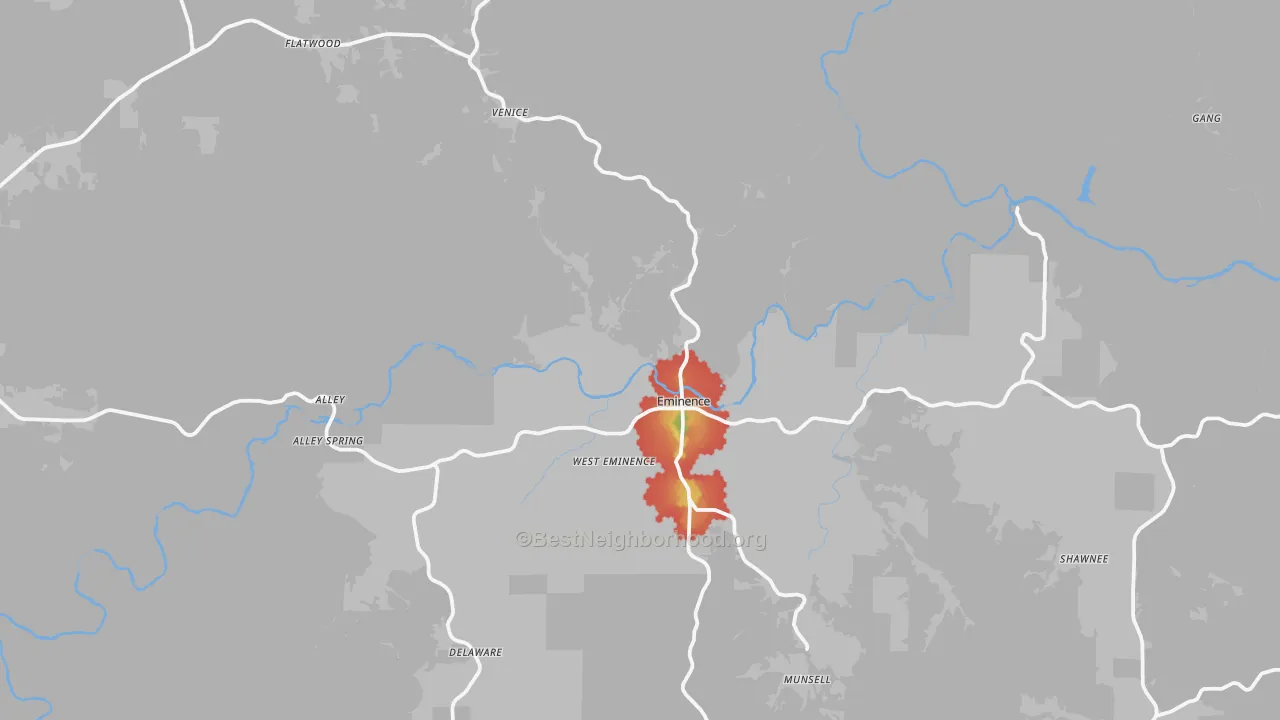 Walk Grade map of 65466, MO, walkable areas in green and car-dependent areas in red