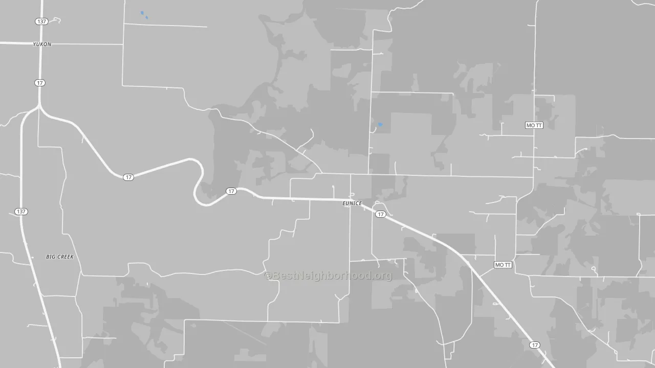 Walk Grade map of 65468, MO, walkable areas in green and car-dependent areas in red