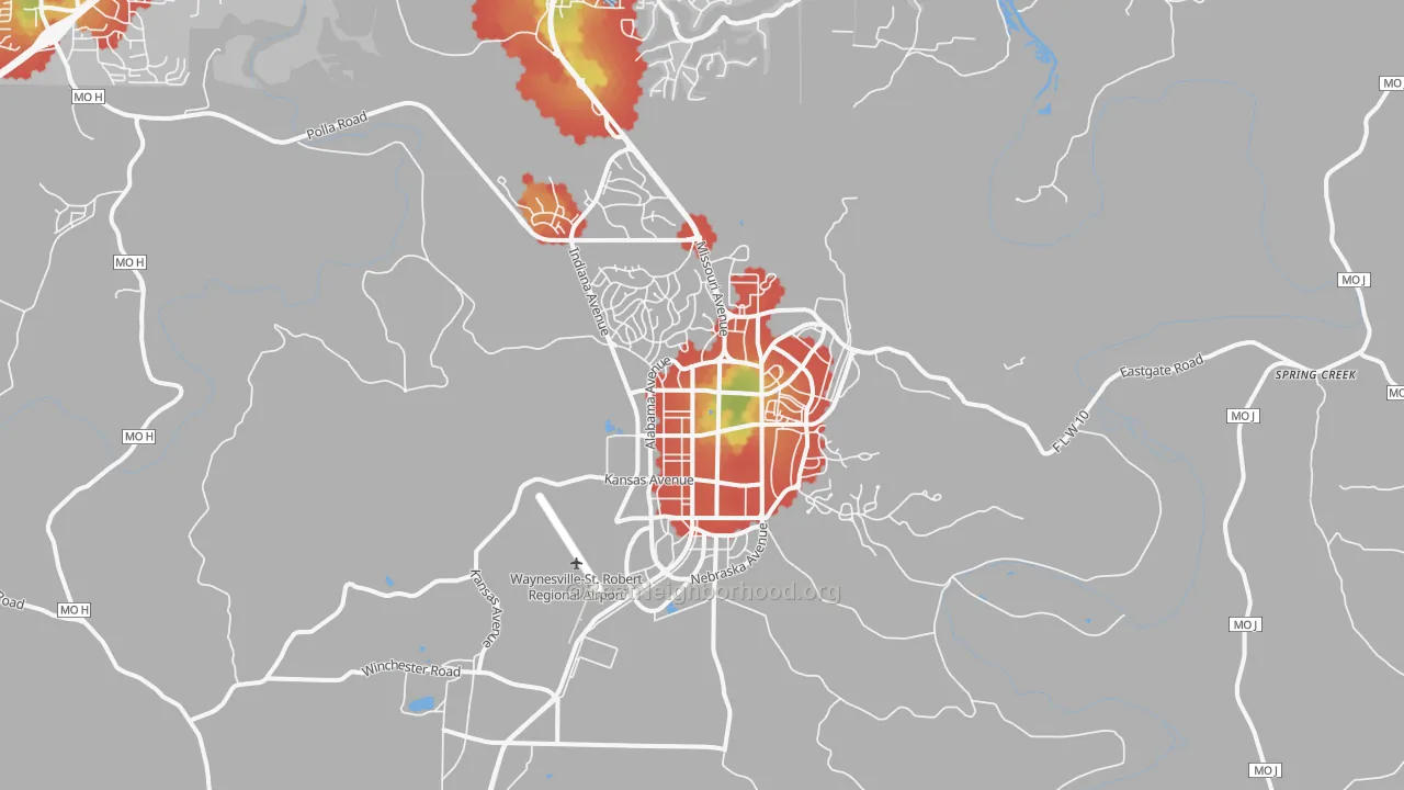 Walk Grade map of 65473, MO, walkable areas in green and car-dependent areas in red