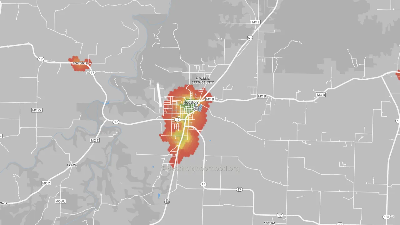 Walk Grade map of 65483, MO, walkable areas in green and car-dependent areas in red