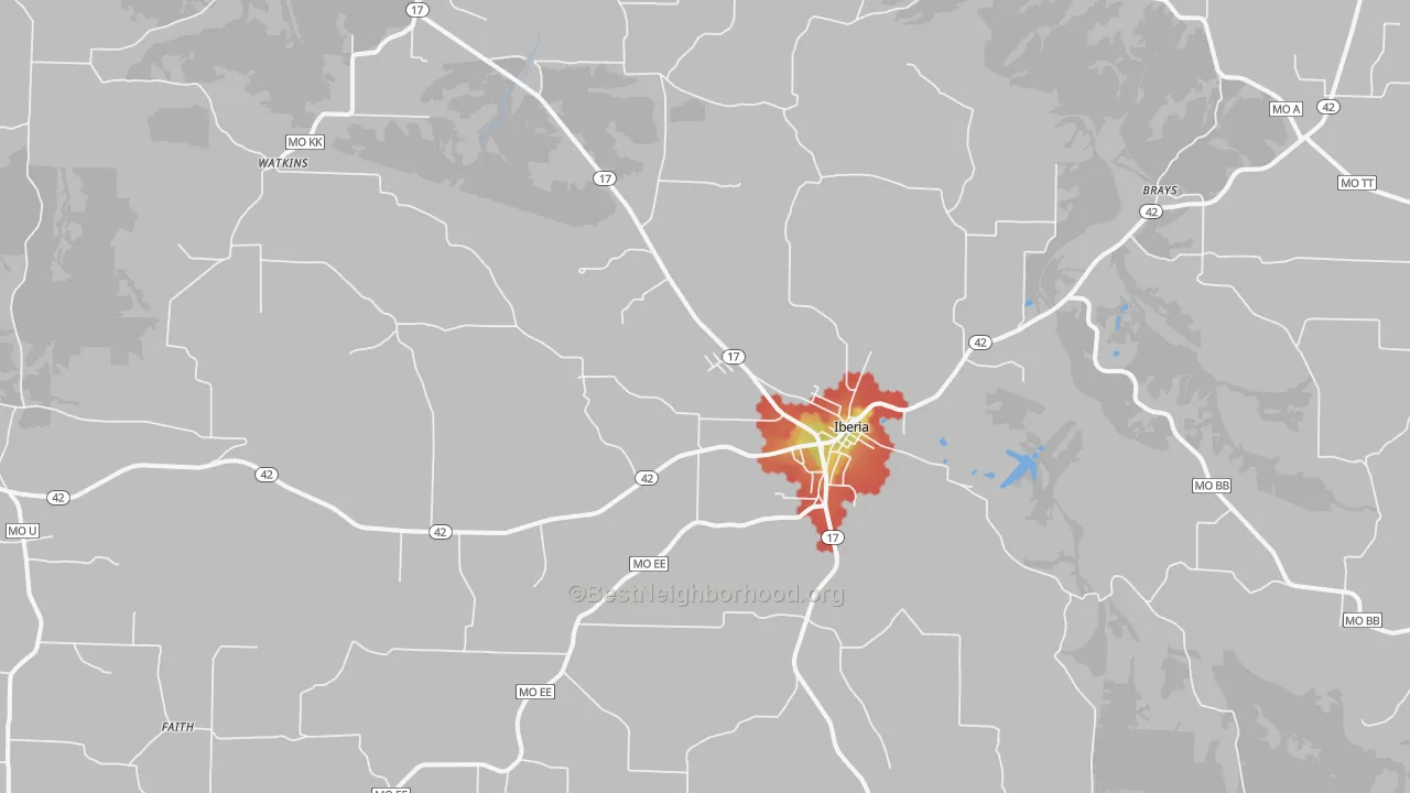 Walk Grade map of 65486, MO, walkable areas in green and car-dependent areas in red