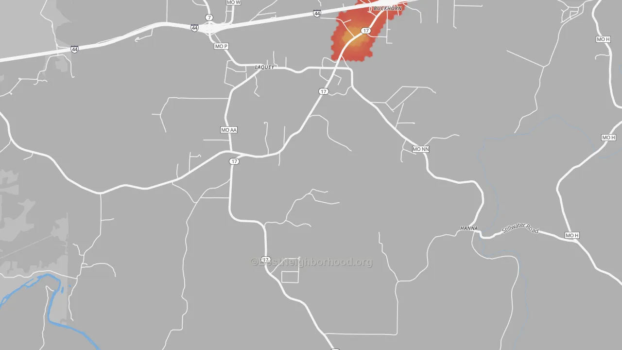 Walk Grade map of 65534, MO, walkable areas in green and car-dependent areas in red