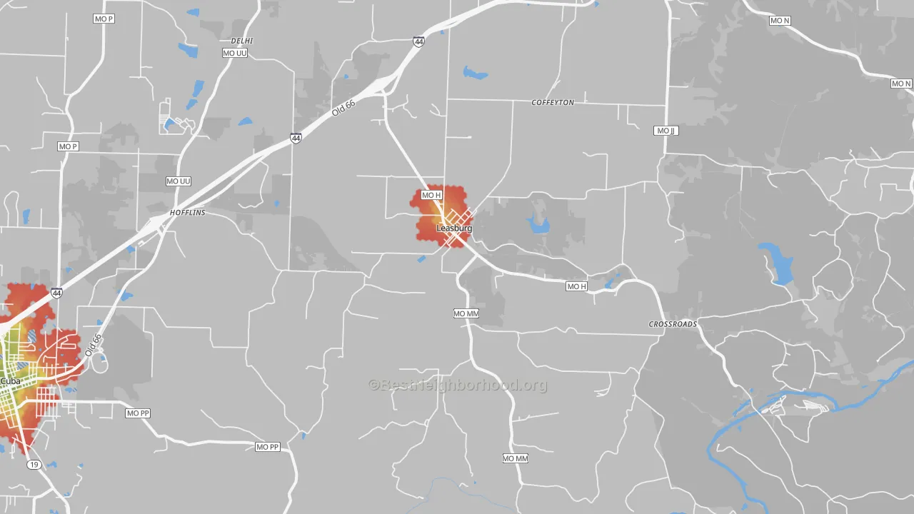 Walk Grade map of 65535, MO, walkable areas in green and car-dependent areas in red