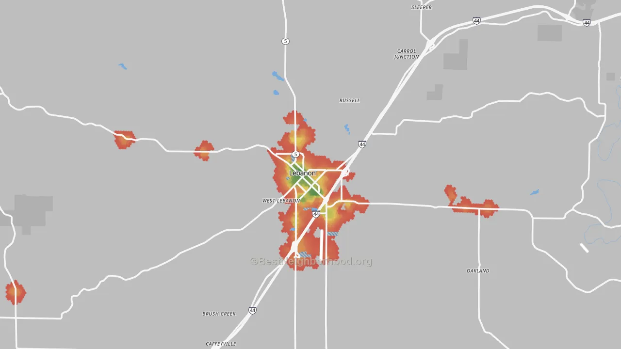 Walk Grade map of 65536, MO, walkable areas in green and car-dependent areas in red