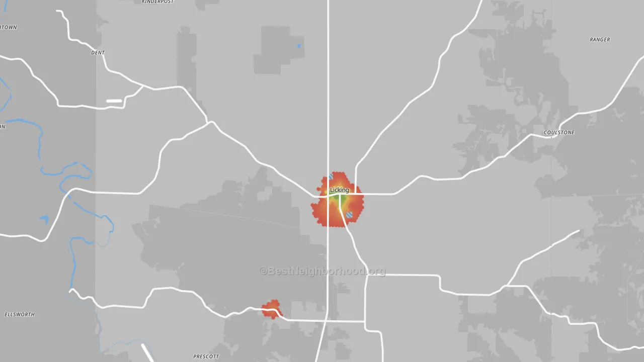 Walk Grade map of 65542, MO, walkable areas in green and car-dependent areas in red