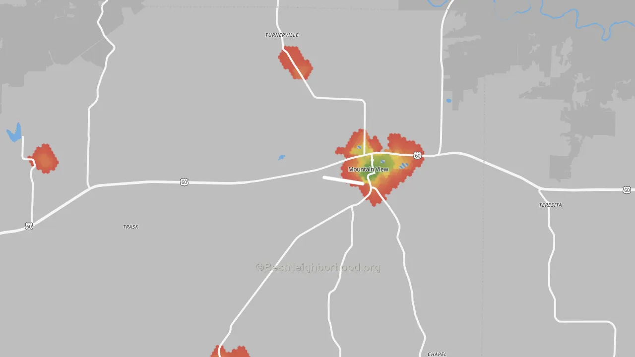 Walk Grade map of 65548, MO, walkable areas in green and car-dependent areas in red
