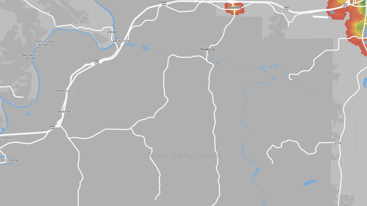 Walk Grade map of 65550, MO, walkable areas in green and car-dependent areas in red