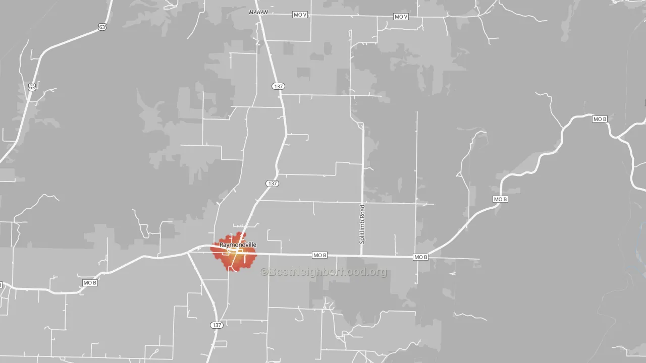 Walk Grade map of 65555, MO, walkable areas in green and car-dependent areas in red