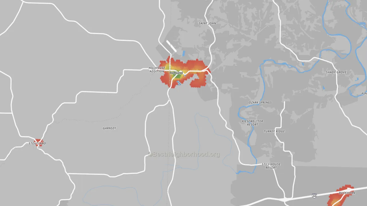 Walk Grade map of 65556, MO, walkable areas in green and car-dependent areas in red