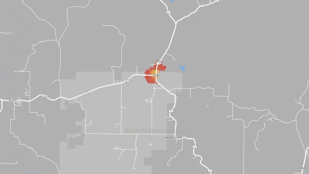 Walk Grade map of 65557, MO, walkable areas in green and car-dependent areas in red