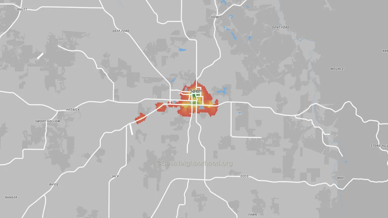 Walk Grade map of 65560, MO, walkable areas in green and car-dependent areas in red