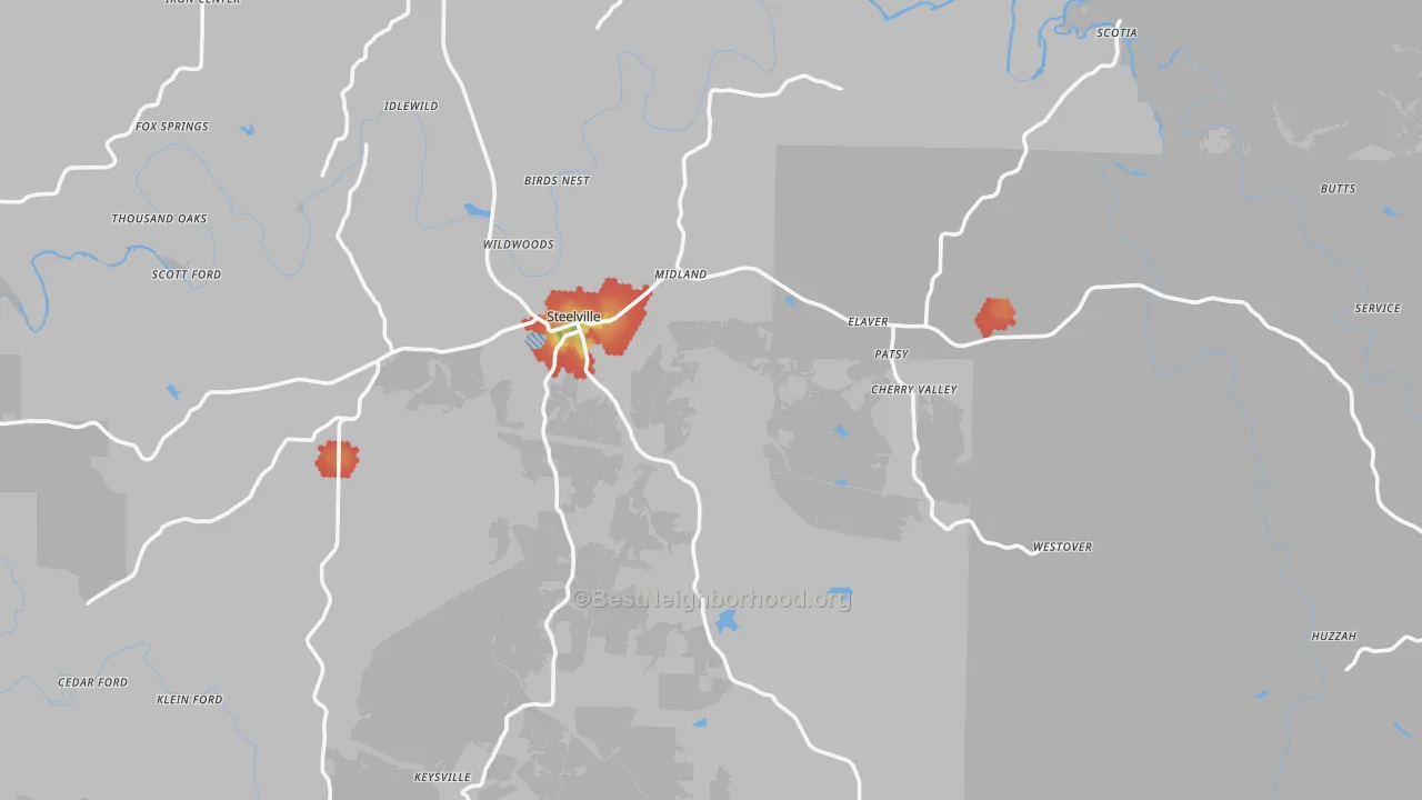 Walk Grade map of 65565, MO, walkable areas in green and car-dependent areas in red