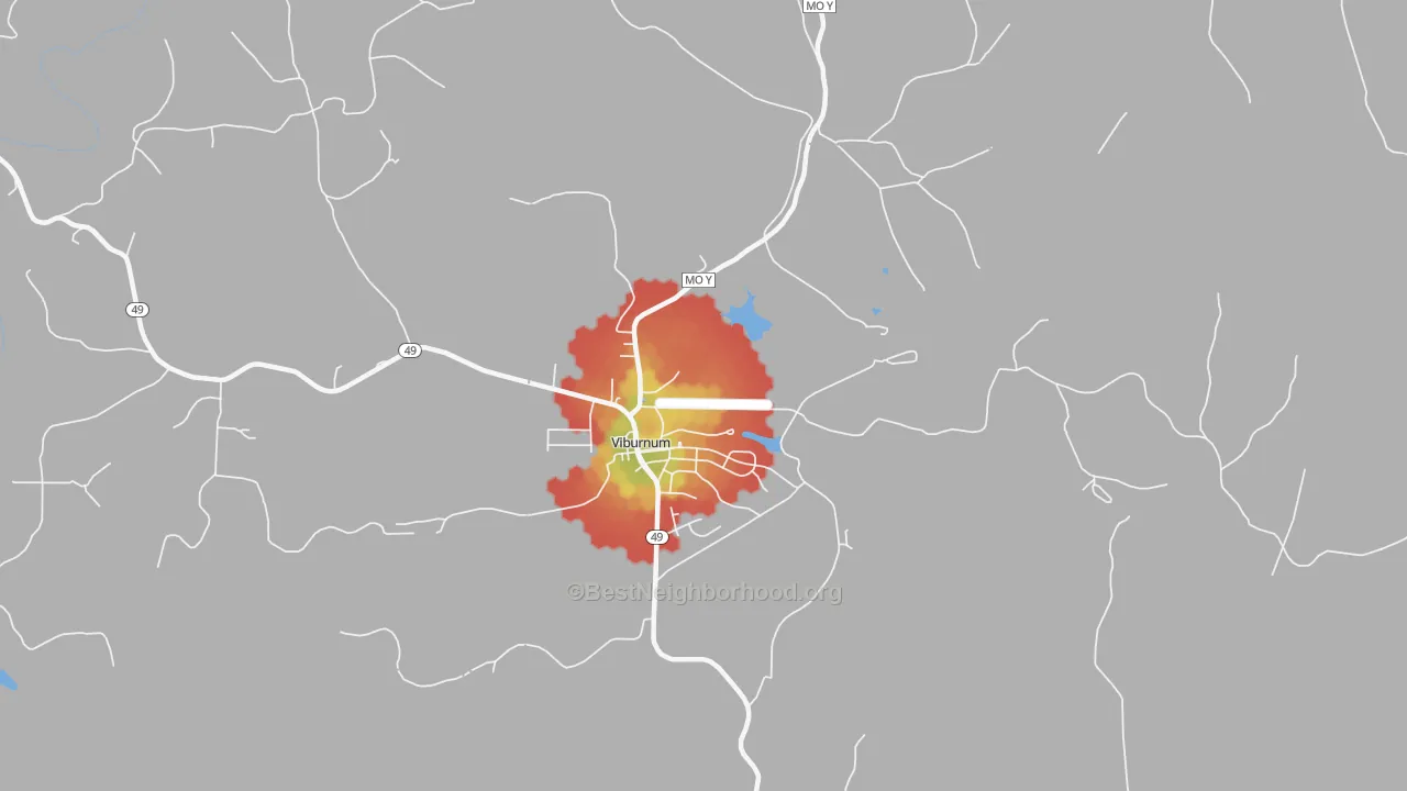 Walk Grade map of 65566, MO, walkable areas in green and car-dependent areas in red