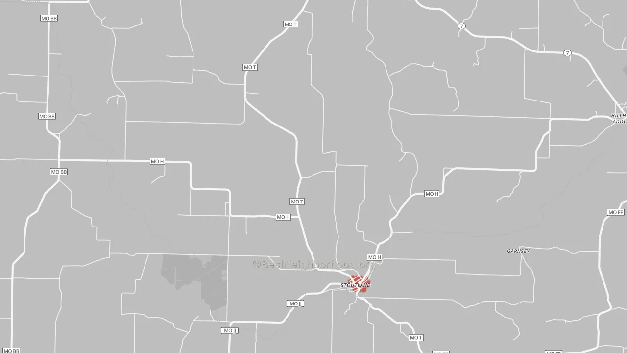 Walk Grade map of 65567, MO, walkable areas in green and car-dependent areas in red