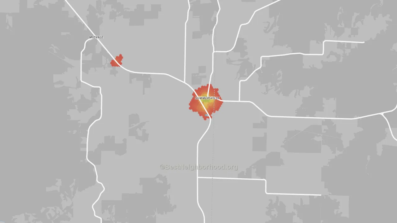 Walk Grade map of 65571, MO, walkable areas in green and car-dependent areas in red