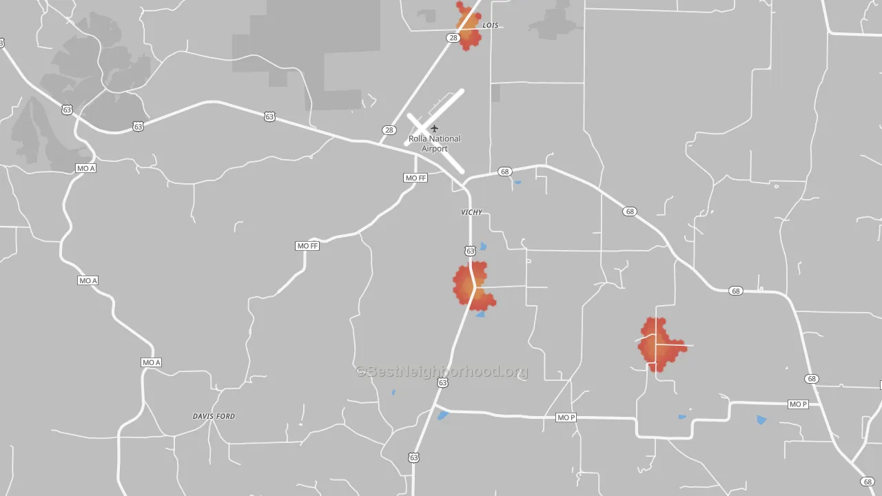 Walk Grade map of 65580, MO, walkable areas in green and car-dependent areas in red