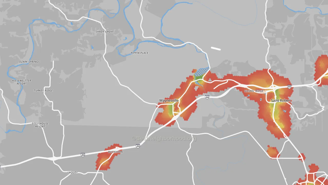 Walk Grade map of 65583, MO, walkable areas in green and car-dependent areas in red