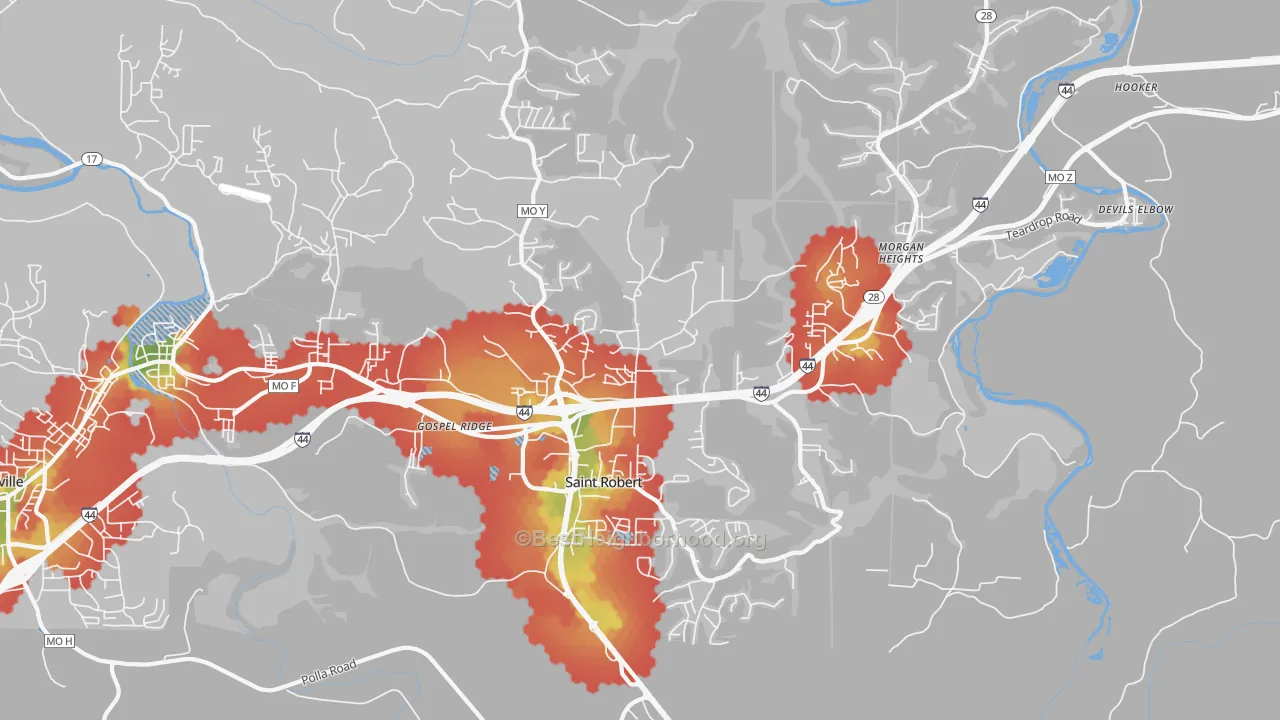 Walk Grade map of 65584, MO, walkable areas in green and car-dependent areas in red